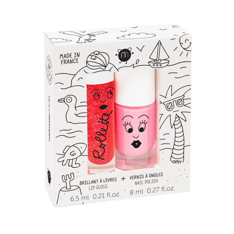 Nailmatic Holidays Rollette Nail Polish Duo Set with red glitter gloss and pink polish, 2-pack