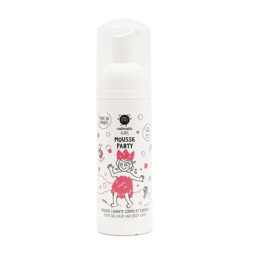 NAILMATIC Mousse Party Strawberry hair and body foam bottle, white with pink illustrations