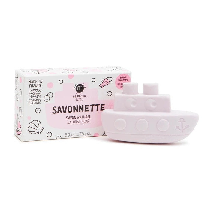 Nailmatic Organic Kids boat-shaped soap, raspberry scent, pink packaging