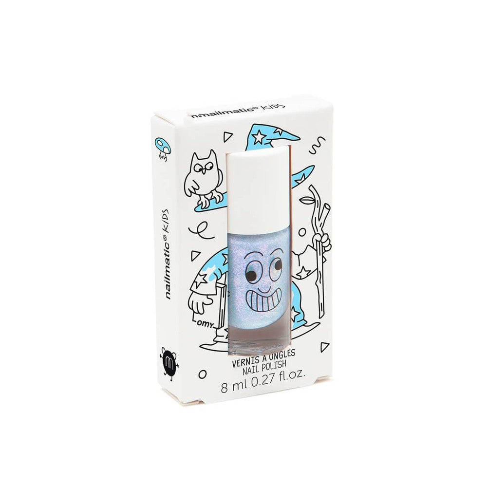 Nailmatic Kids pearly blue water-based nail polish bottle in whimsical illustrated packaging