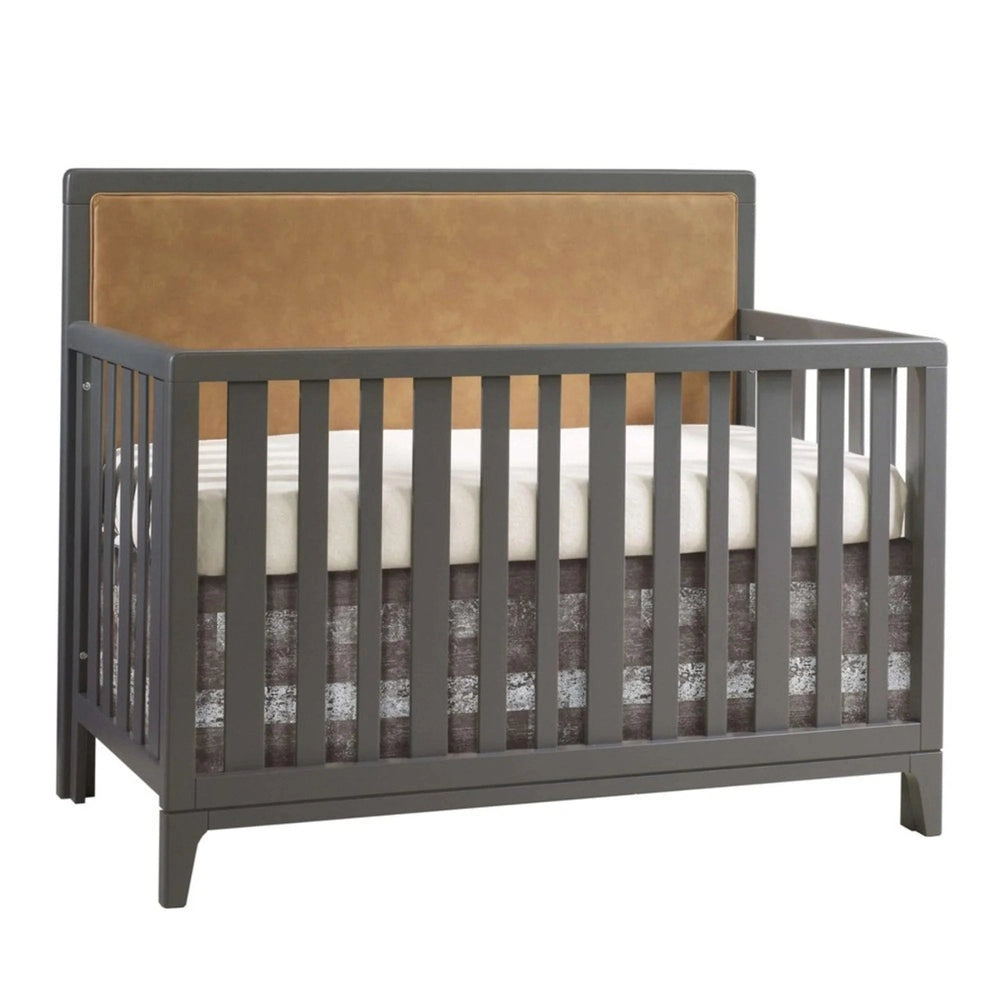 Natart Kyoto 5-in-1 convertible crib in gray with tan leather upholstered panel
