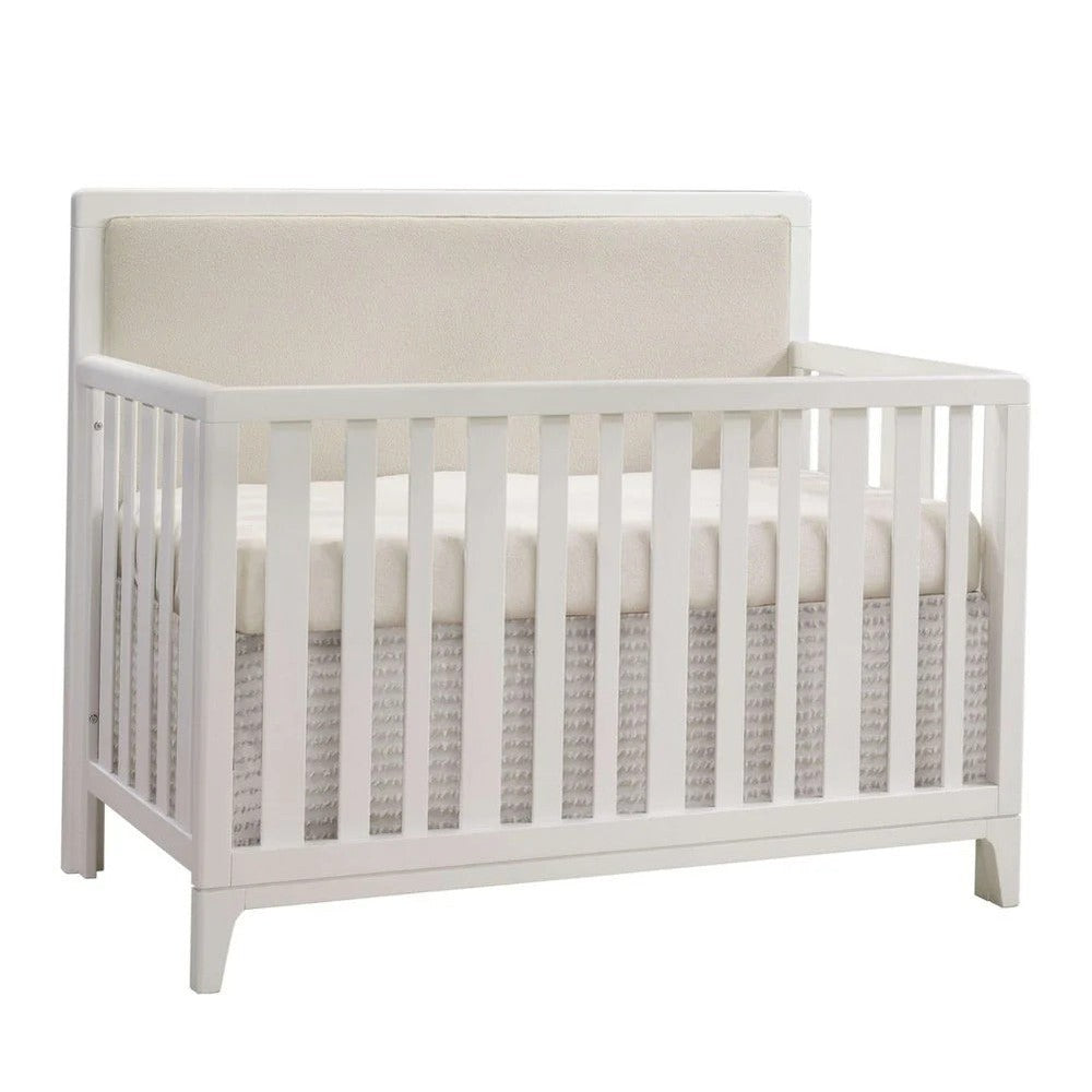 Natart Kyoto 5-in-1 convertible crib, white with beige upholstered headboard by NATART