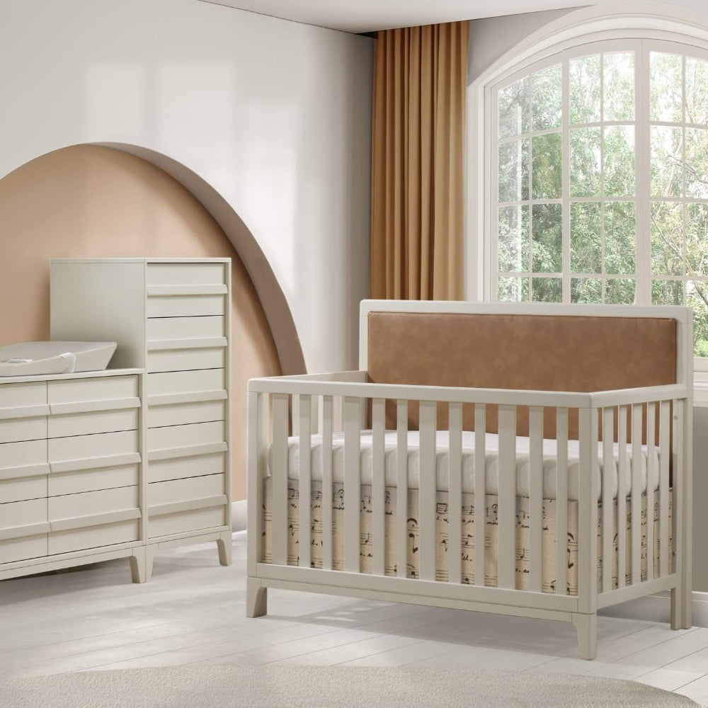 Natart Kyoto 54-inch white crib with low-profile beige headboard and slatted sides