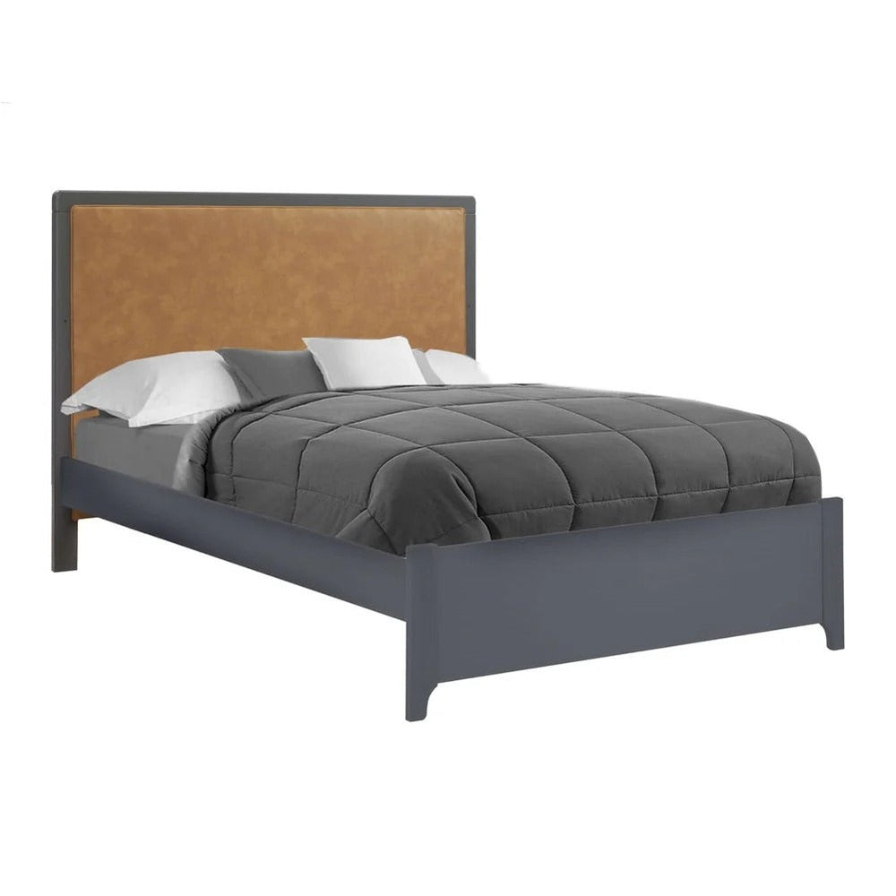 NATART Kyoto 54-inch double bed with low-profile grey frame and tan upholstered headboard