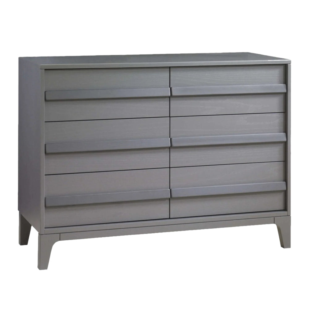 Natart Kyoto double dresser in gray finish with ten shallow drawers and mid-century legs.