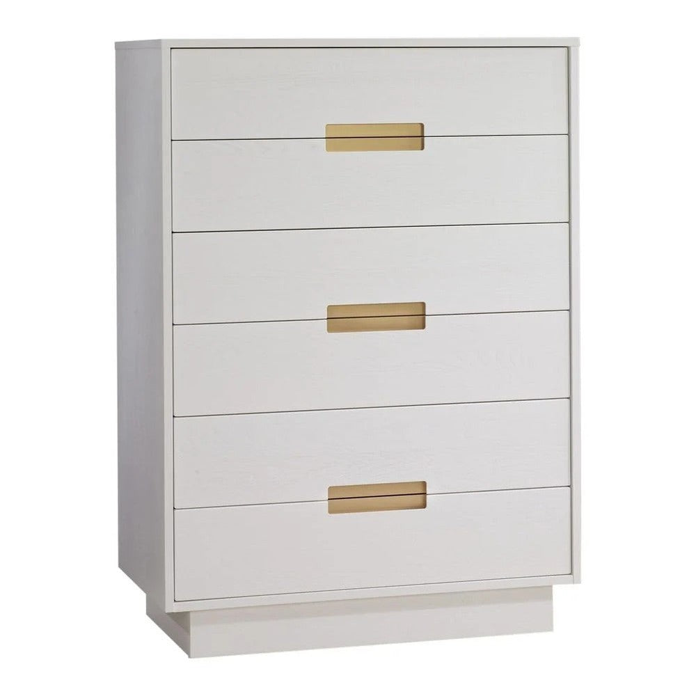 Natart Signature Series Como 6 Drawer Tall Chest in white, six stacked drawers with brass bar pulls