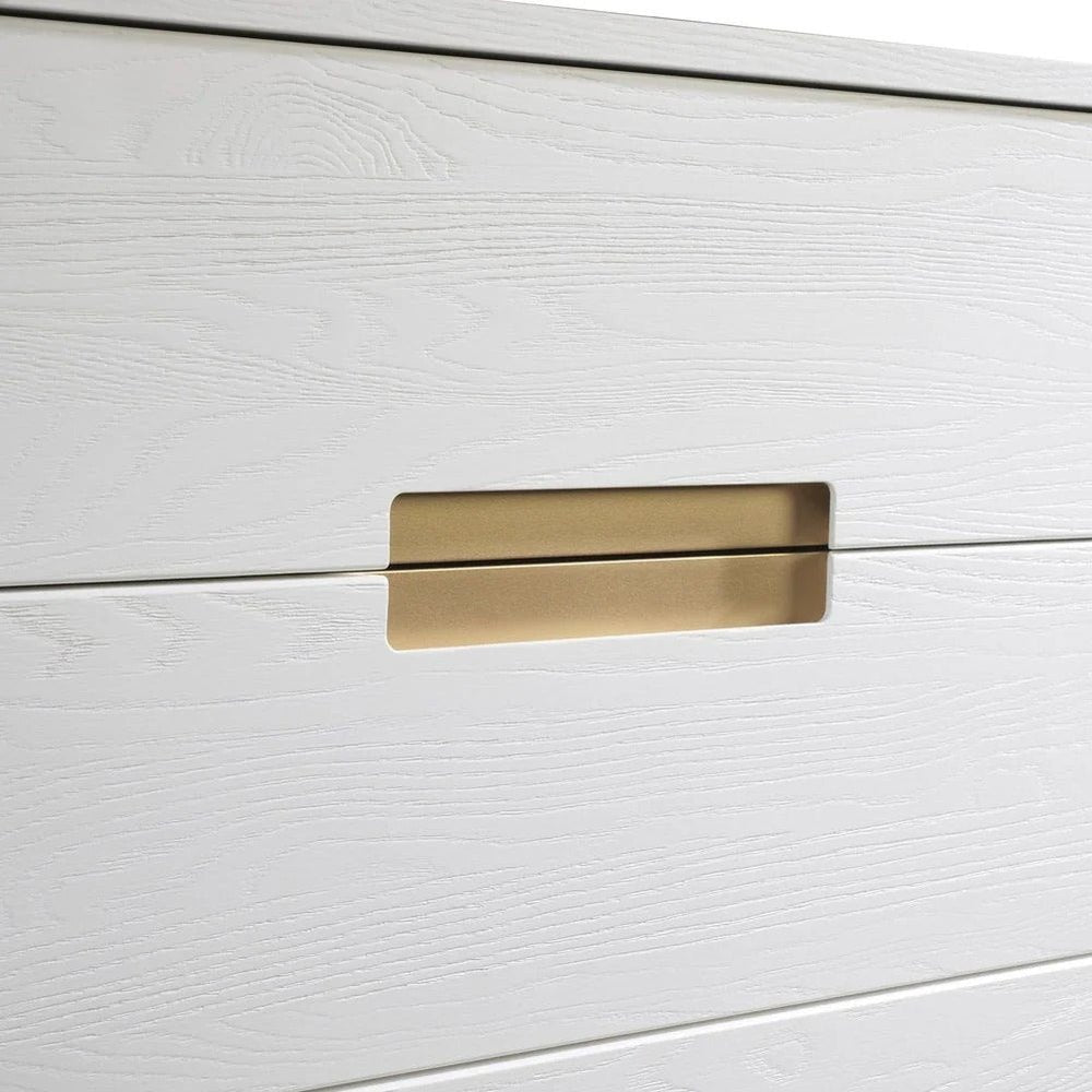 Natart Signature Series Como Nightstand in whitewashed wood, showing gold brass recessed pull handles.