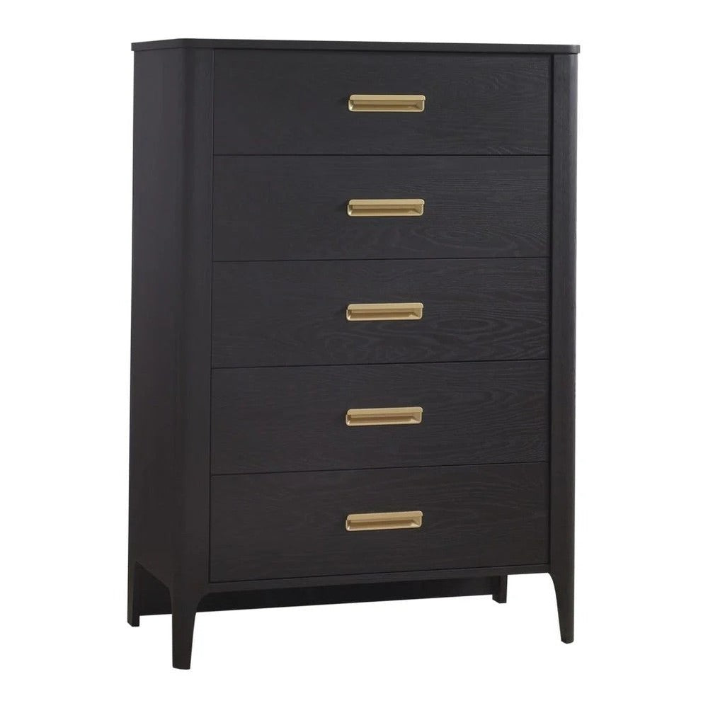 Natart Signature Series Palo 5-drawer tall chest in dark finish with gold bar pulls.