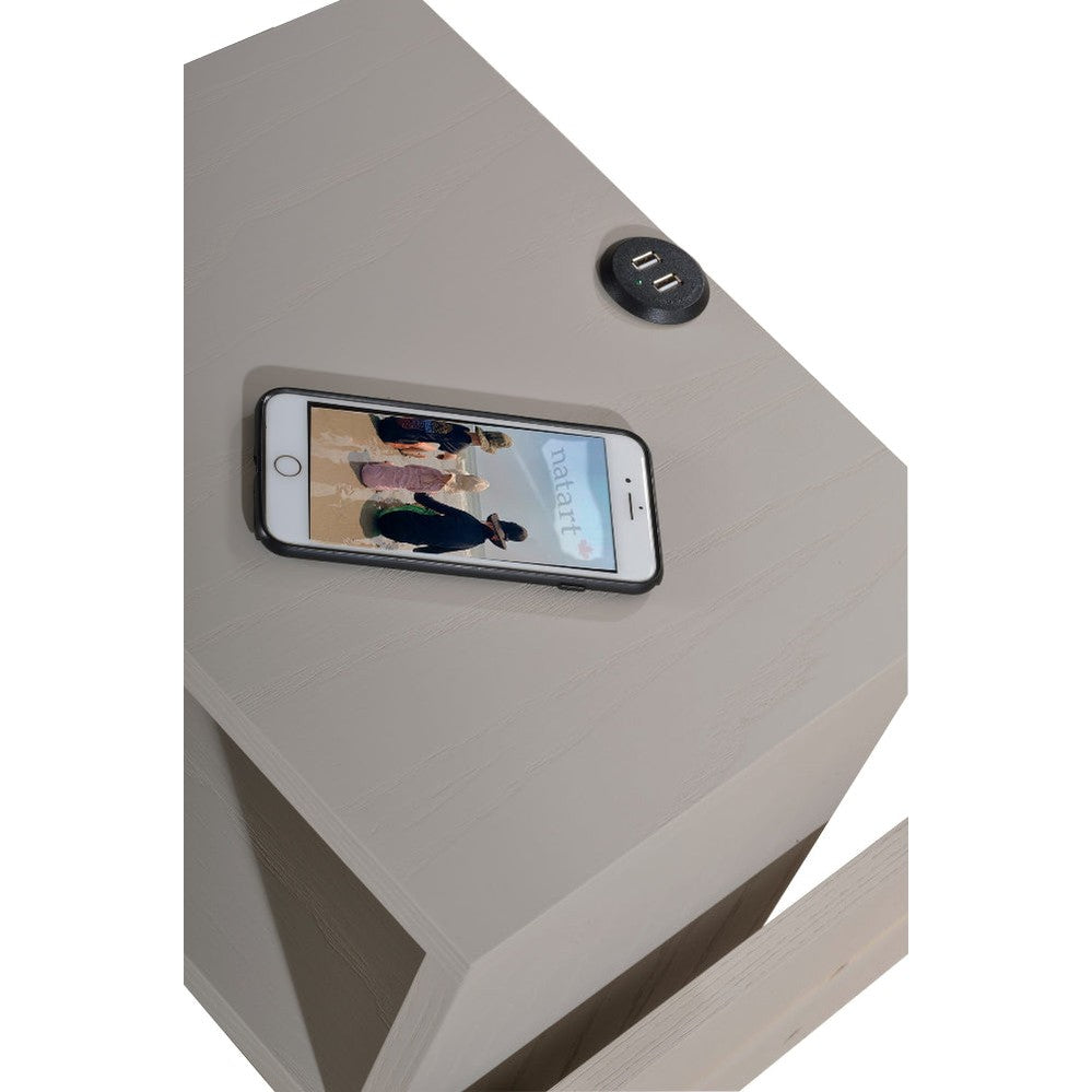 Natart Signature Series right-side media night table in light gray wood with USB charging hub and phone on top