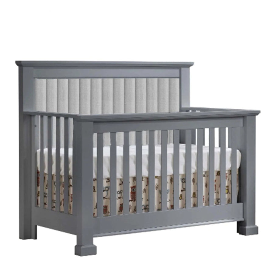 Natart Taylor 5-in-1 Convertible Crib in gray with channel-tufted headboard and slat rails