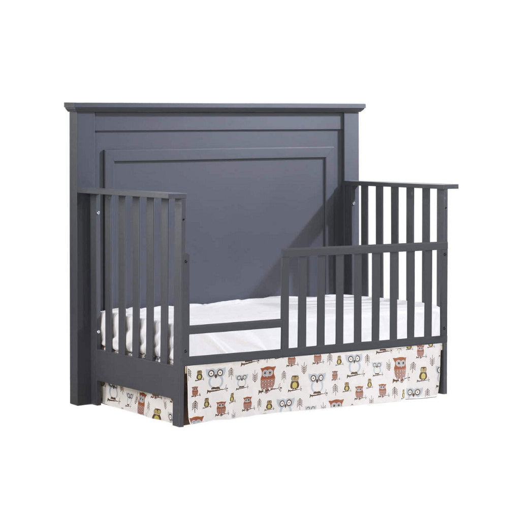 Natart Taylor Toddler Gate, dark gray wooden walk-through baby safety gate with owl-print fabric panel.