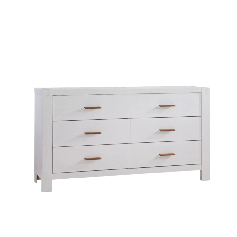 Natart Signature Series Toscano 57-Inch Double Dresser in white with six drawers and wooden handles