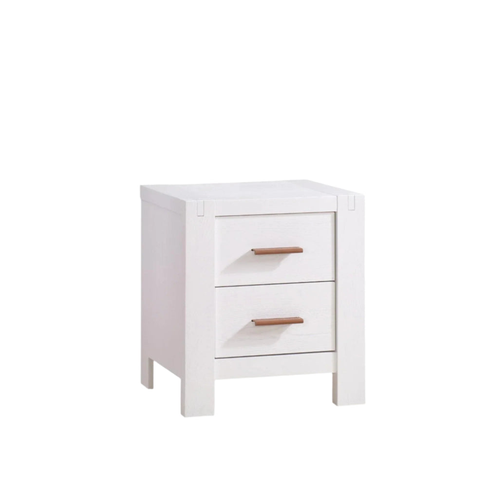 Natart Toscano nightstand by Signature Series, white wood with two drawers and brown handles