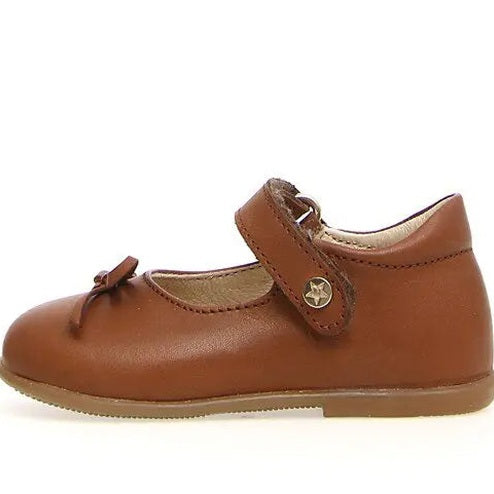Naturino Ballet Leather Ballerinas With Bow Brown; toddler Mary Jane with Velcro strap and bow.