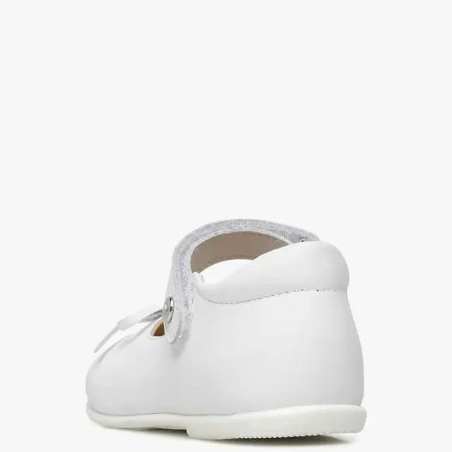 Naturino Ballet Leather Ballerinas With Bow White for babies, white leather with bow strap, back view.