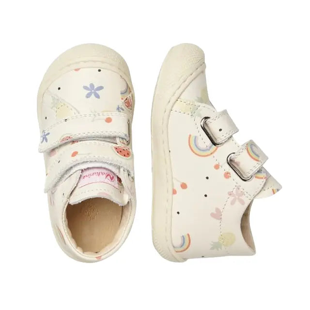 Naturino Cocoon Vl Cream baby shoes; cream leather with floral and rainbow print, Velcro straps fastened on both shoes