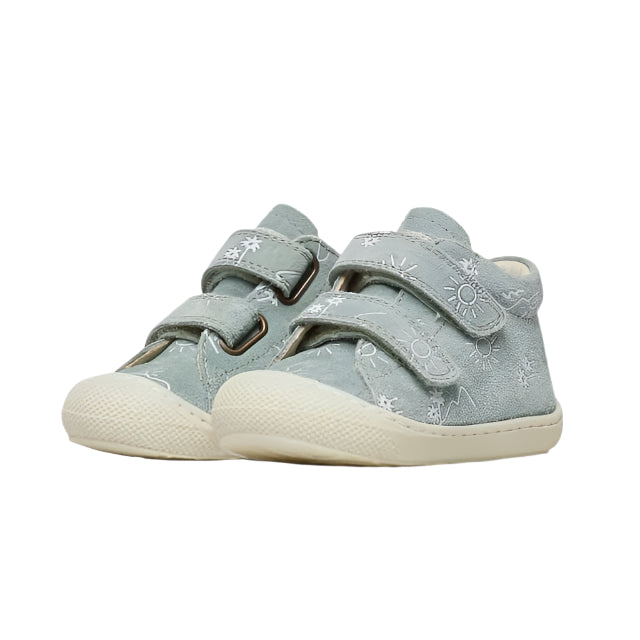 Naturino Cocoon Vl Suede Sahara Sage baby shoes with twin Velcro straps fastening over a soft suede upper.