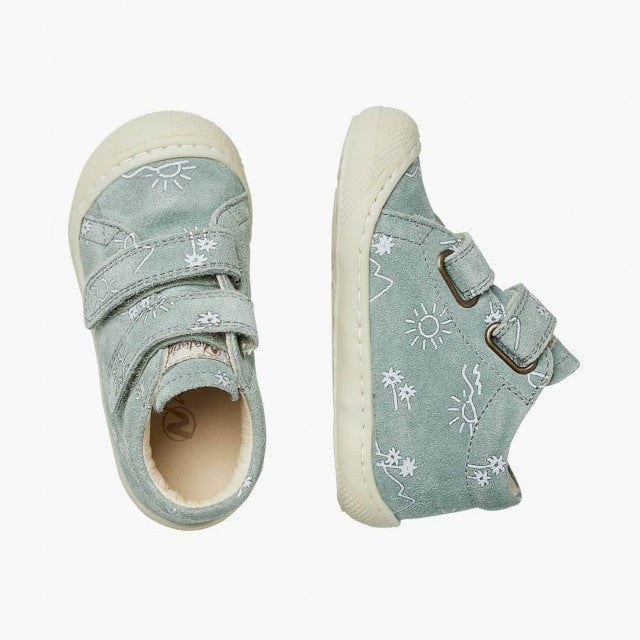 Naturino Cocoon Vl Suede Sahara Sage baby shoes, teal suede with sun print, twin Velcro straps.
