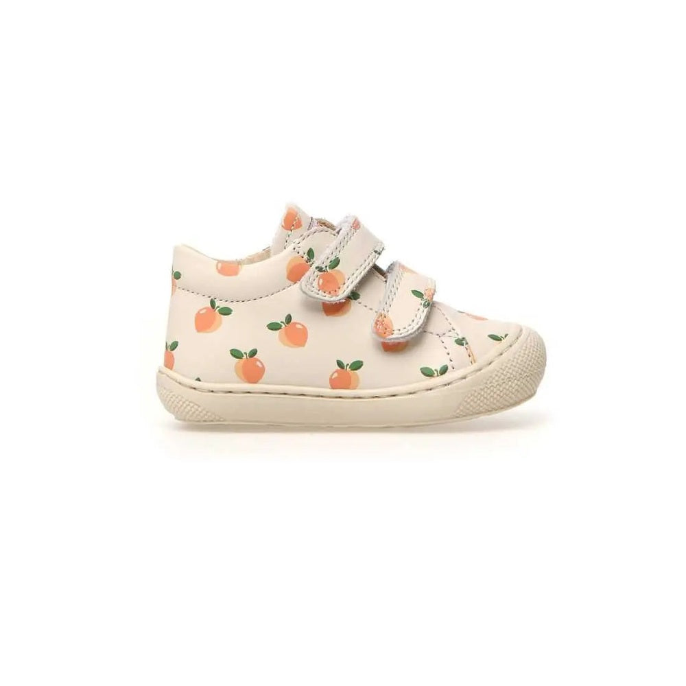 Naturino Cocoon Vl White Peach baby shoe with two Velcro straps, peach print on cream leather.