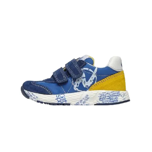 Naturino Jesko VL toddler sneakers in blue suede/nylon with yellow heel and printed sole.