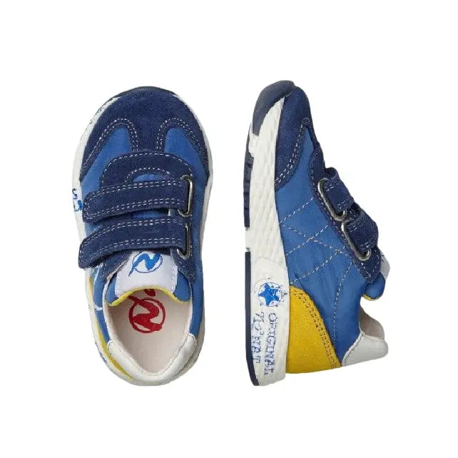 Naturino Jesko Vl Suede/Nylon/Sole Printed Azure Yellow toddler shoes with double Velcro straps fastened, blue suede panels