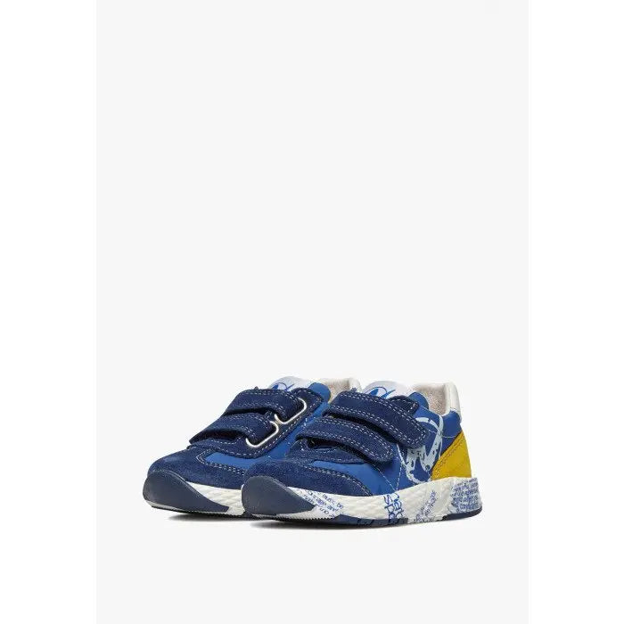 Naturino Jesko VL suede/nylon toddler sneakers in blue with Velcro straps and white printed sole, yellow heel.