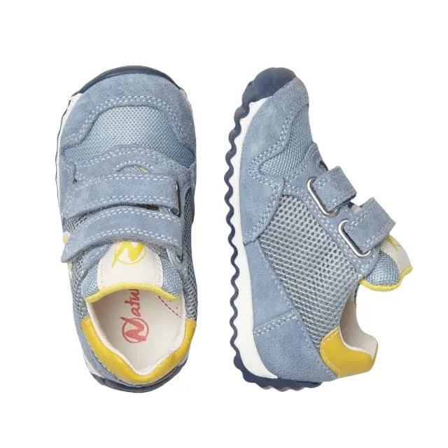 Naturino Sammy 2 Vl Suede infant shoes in light blue with yellow trim; Velcro straps fasten for easy wear