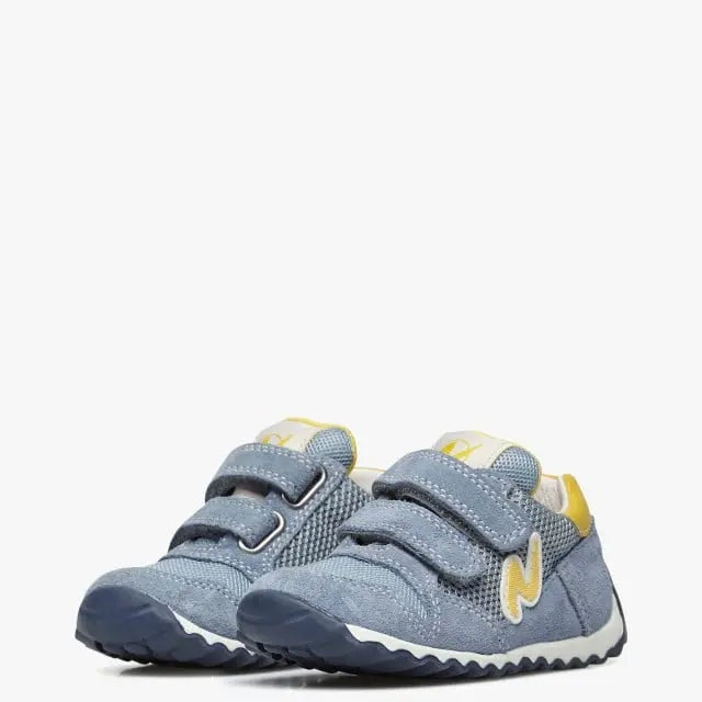 Naturino Sammy 2 Velcro suede sneakers in light blue with yellow accents; two toddler shoes with Velcro straps fastened.