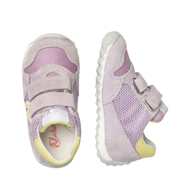 Naturino Sammy 2 VL Suede Lilac toddler sneakers with velcro straps, lilac mesh, white sole