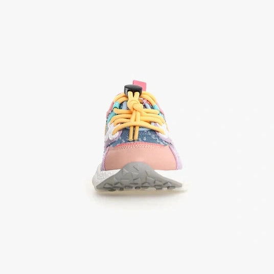 Naturino Yamano 3 Junior Ice-Jeans-Grey toddler sneakers; yellow laces tied over pink toe on gray outsole.
