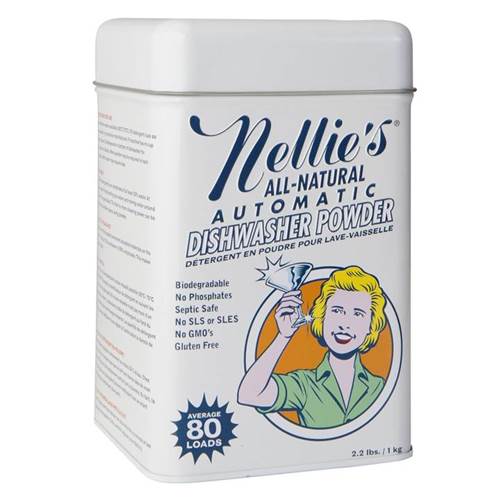 Nellie's Auto Dish Tin; all-natural automatic dish powder, white can with blue Nellie's logo, 80 loads