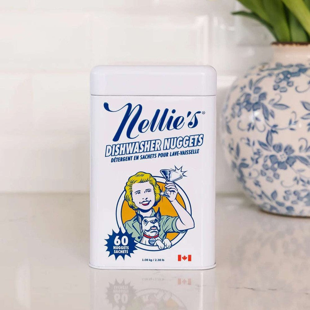 Nellie's Dishwasher Nuggets tin with blue logo and retro illustration, 60 sachets