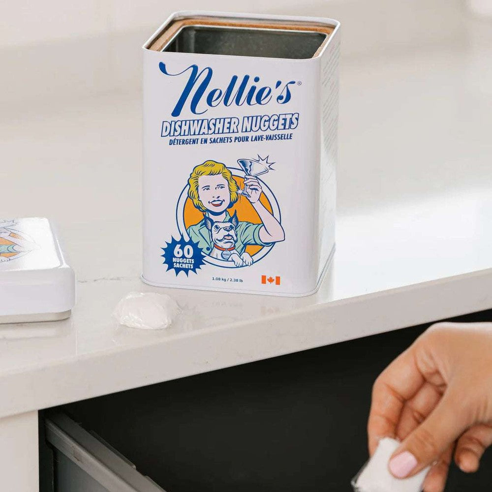 Nellie's Dishwasher Nuggets tin with 60 nuggets, blue logo and cartoon illustration