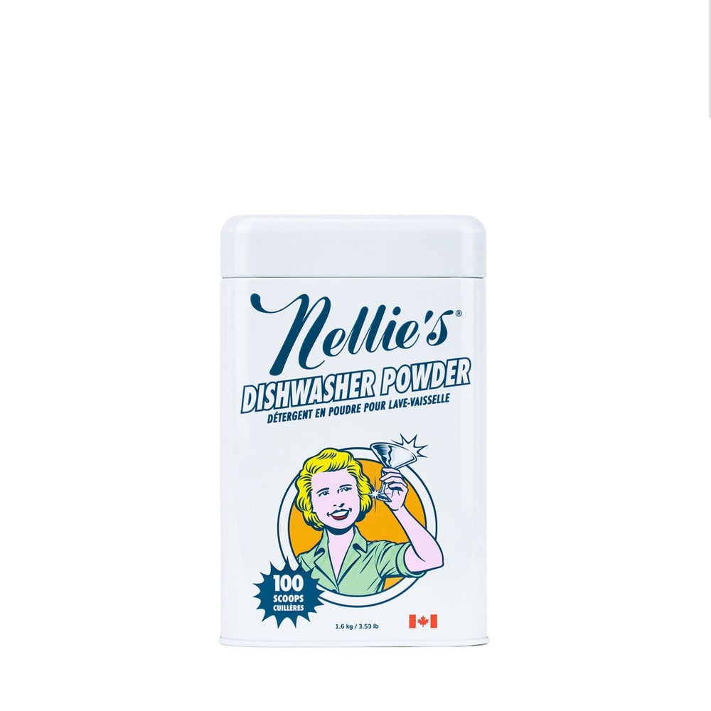 Nellie's Dishwasher Powder tin, white metal can with blue branding, 100 scoops
