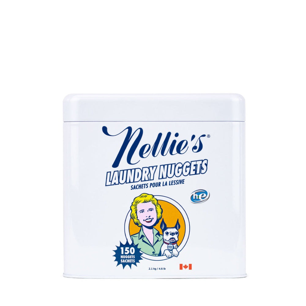 Nellie's Laundry Nuggets tin, white can with blue logo, 150 nuggets, Canadian brand