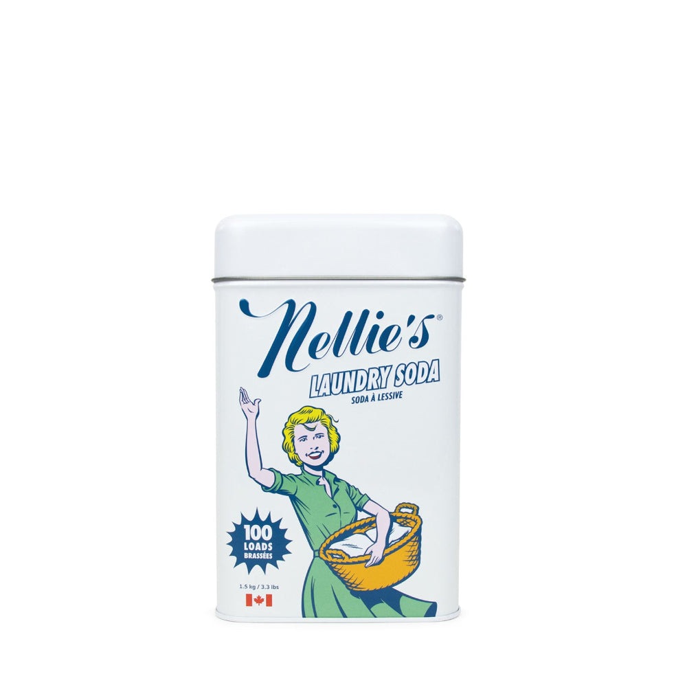 Nellie's Laundry Soda tin, white metal container with blue logo, 100 loads.