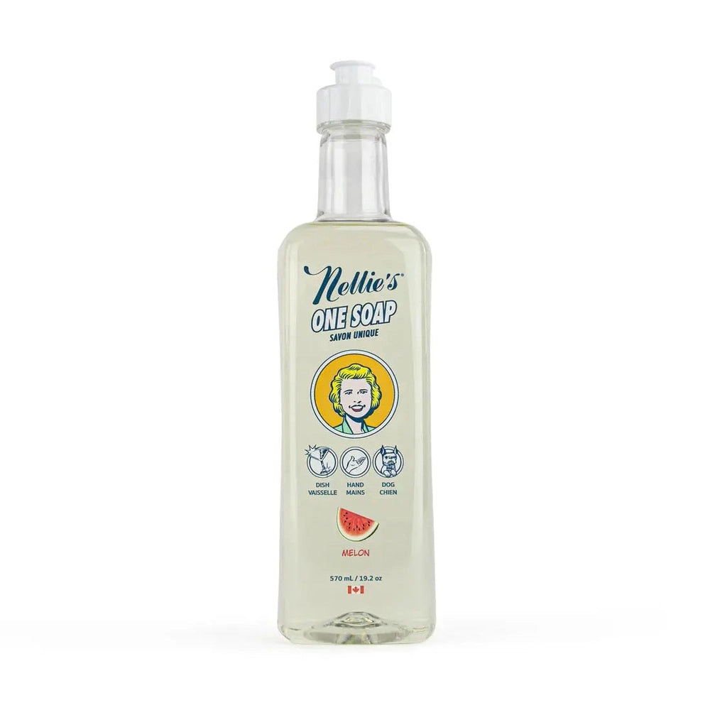 Nellie's One Soap 570 ml bottle with melon scent, clear liquid, upright with pump ready to dispense.