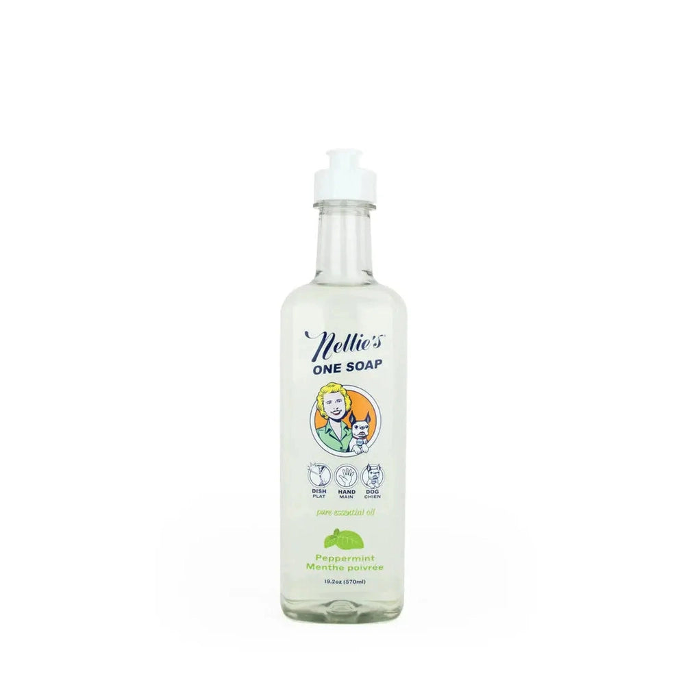 Nellie's One Soap 570 ml bottle with white pump, peppermint scent, ready to dispense.