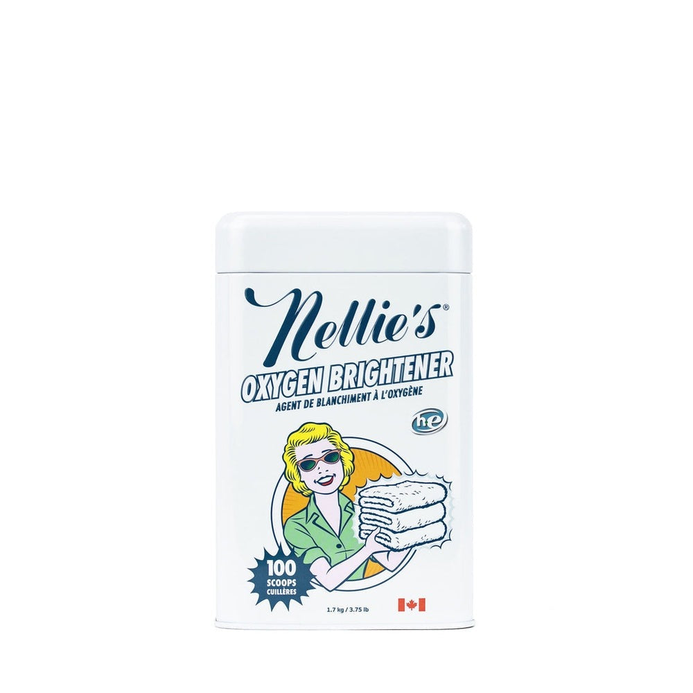 Nellie's Oxygen Brightener tin in white with blue branding, 100 scoops

