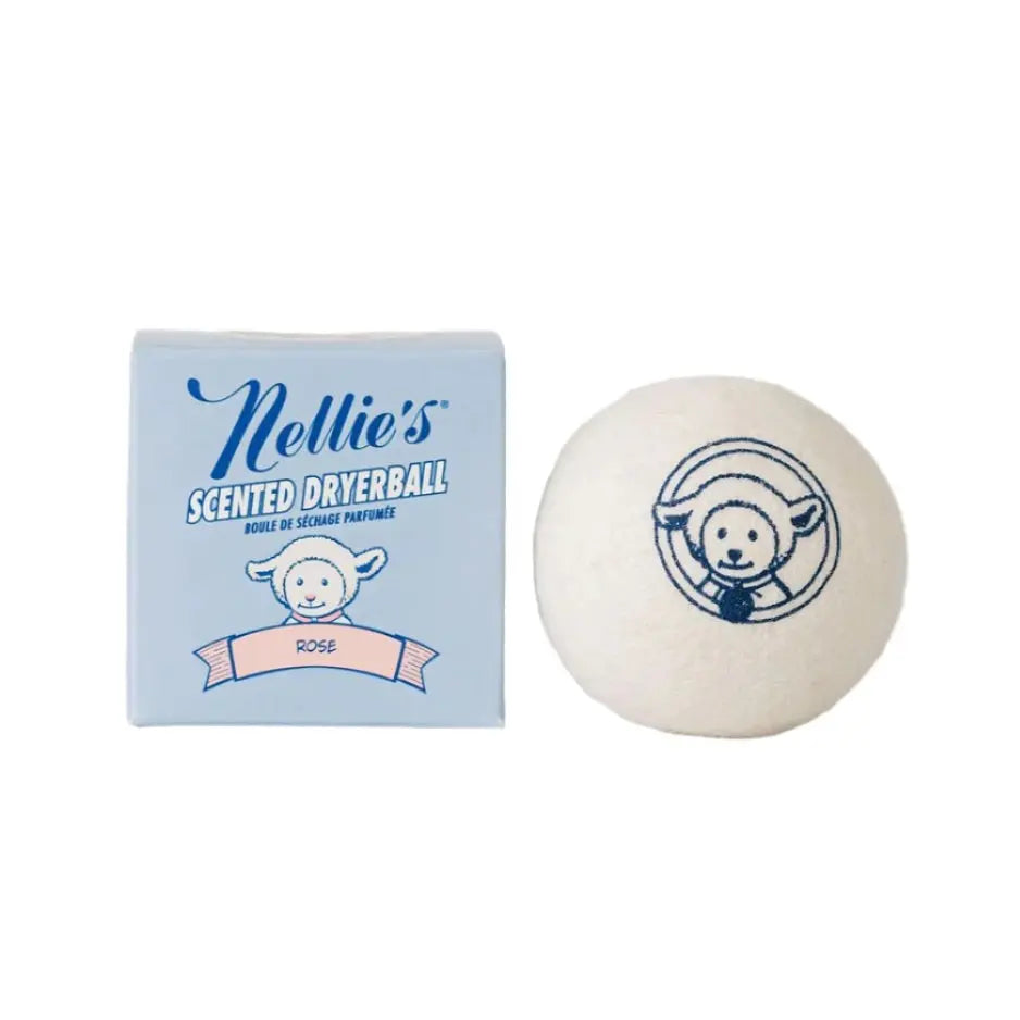 Nellie's Scented Wool Dryerball beside a light blue box, a white ball stamped with a navy logo.