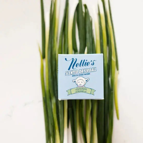 Nellie's Scented Wool Dryerball box resting among green leaves, blue packaging signals scented laundry aid.