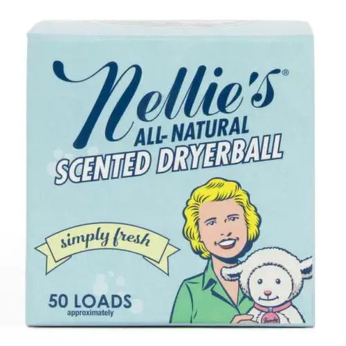 Nellie's Scented Wool Dryerball box in blue packaging, Simply Fresh scent, supports 50 loads.