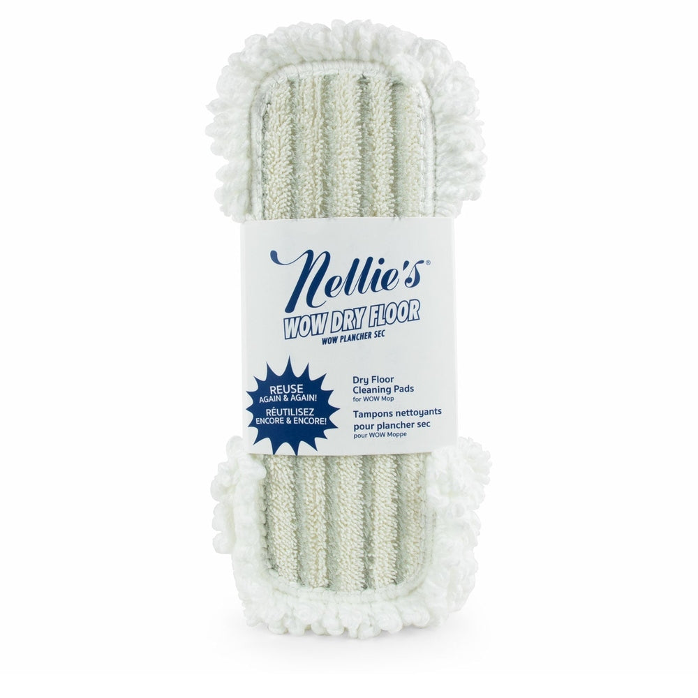Nellie's Wow Dry Floor Refill Pads White, microfiber mop pads shown folded and ready to mop dry floors.