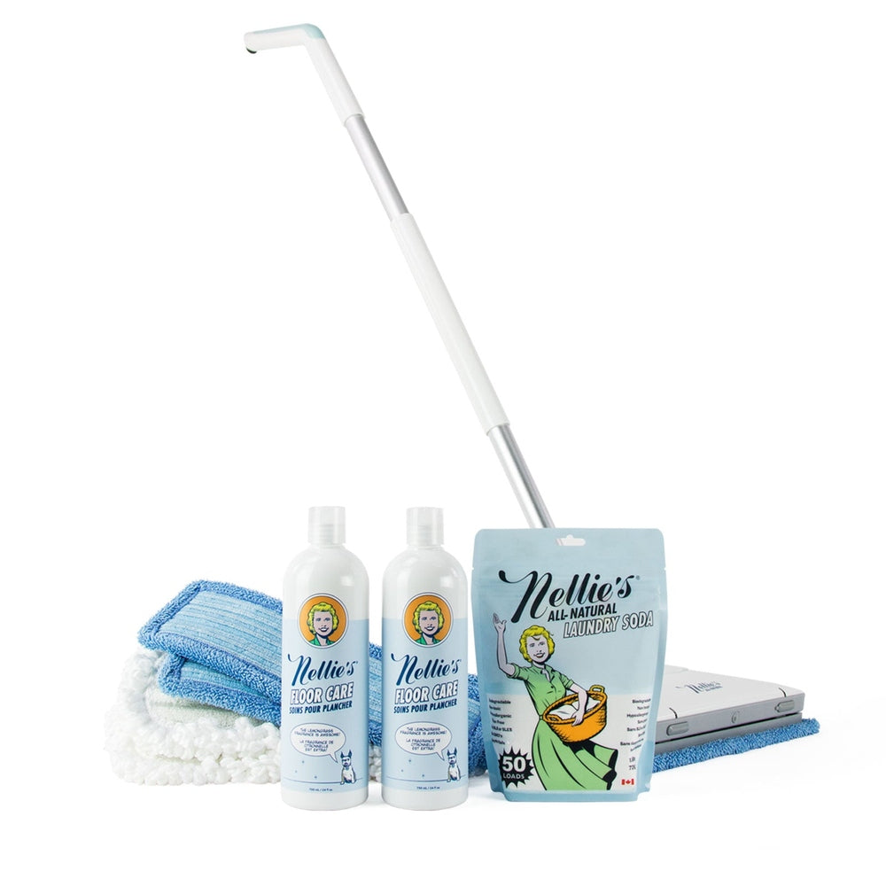 Nellie's Wow Mop Bundle: white extendable mop, two floor care bottles, laundry soda, and blue microfiber cloths ready for cleaning.