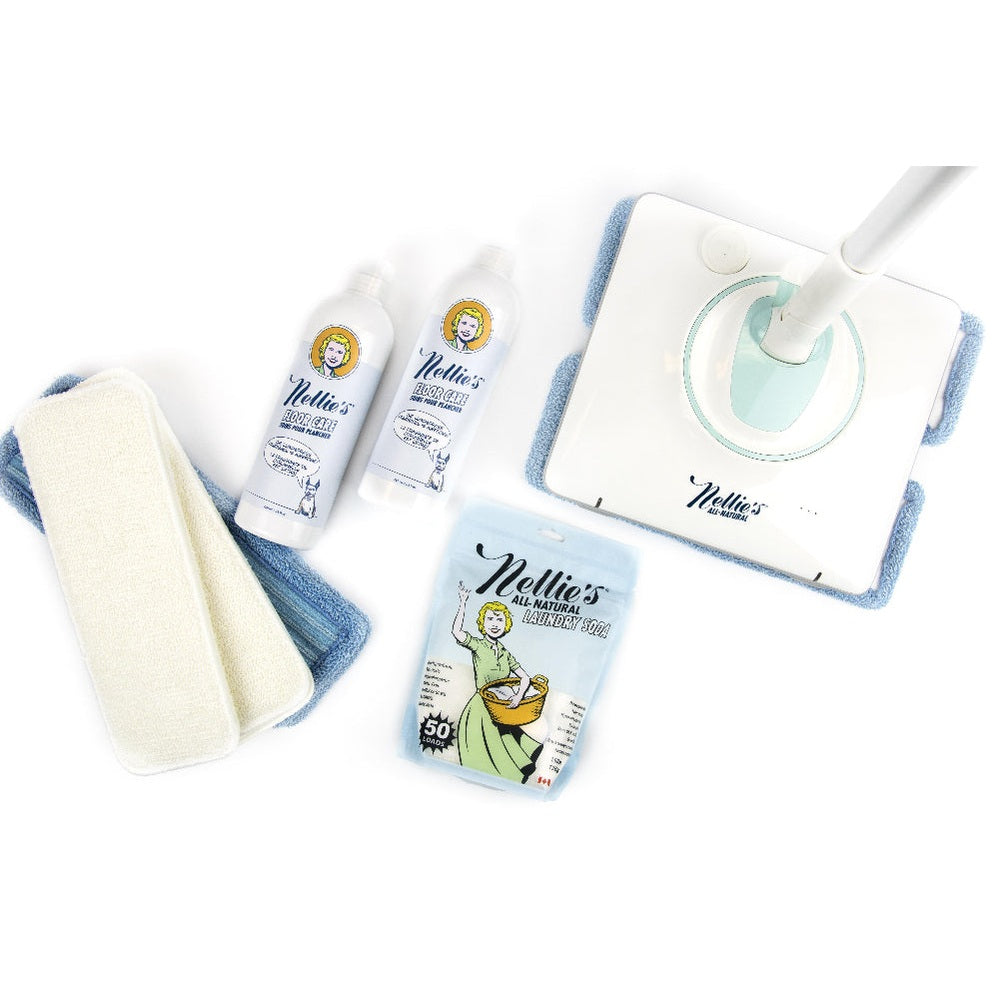 Nellie's Wow Mop Bundle: blue microfiber mop pad on the head, two solution bottles, and laundry soap sachet.