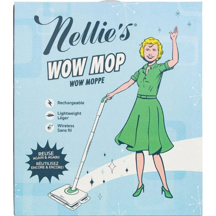 Nellie's Wow Mop box with retro blue art shows a woman in a green dress swinging a lightweight, rechargeable wireless mop.