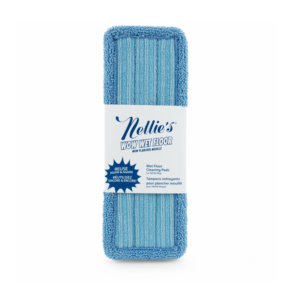 Nellie's Wow Wet Floor Refill Pads blue microfiber mop pads for flat mops, neatly bundled in packaging.