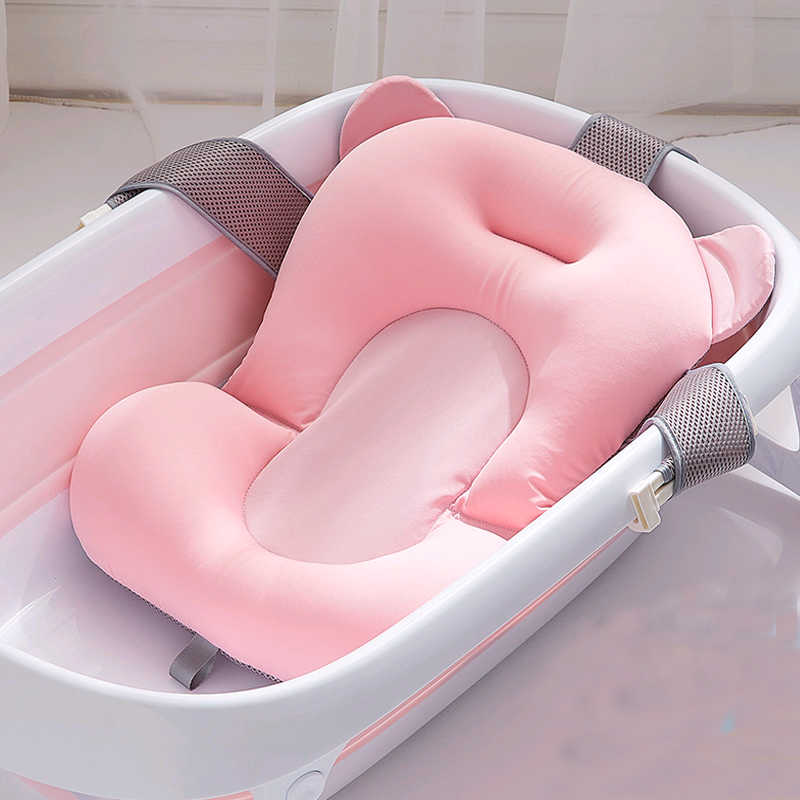 Nemibaby pink bathtub cushion infant bath support with plush padding and gray strap covers