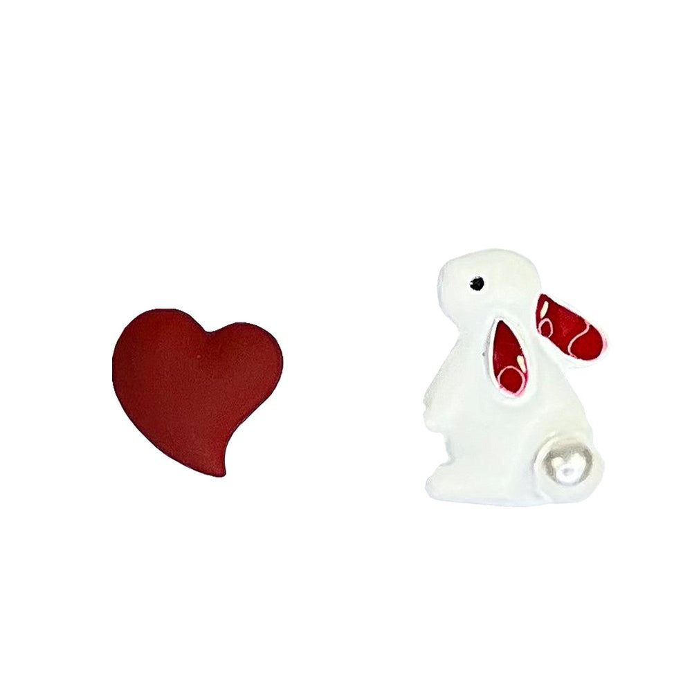 Nemibaby Bunnie & Heart earrings: white bunny charm with red inner ears, red heart, 925 sterling silver pins