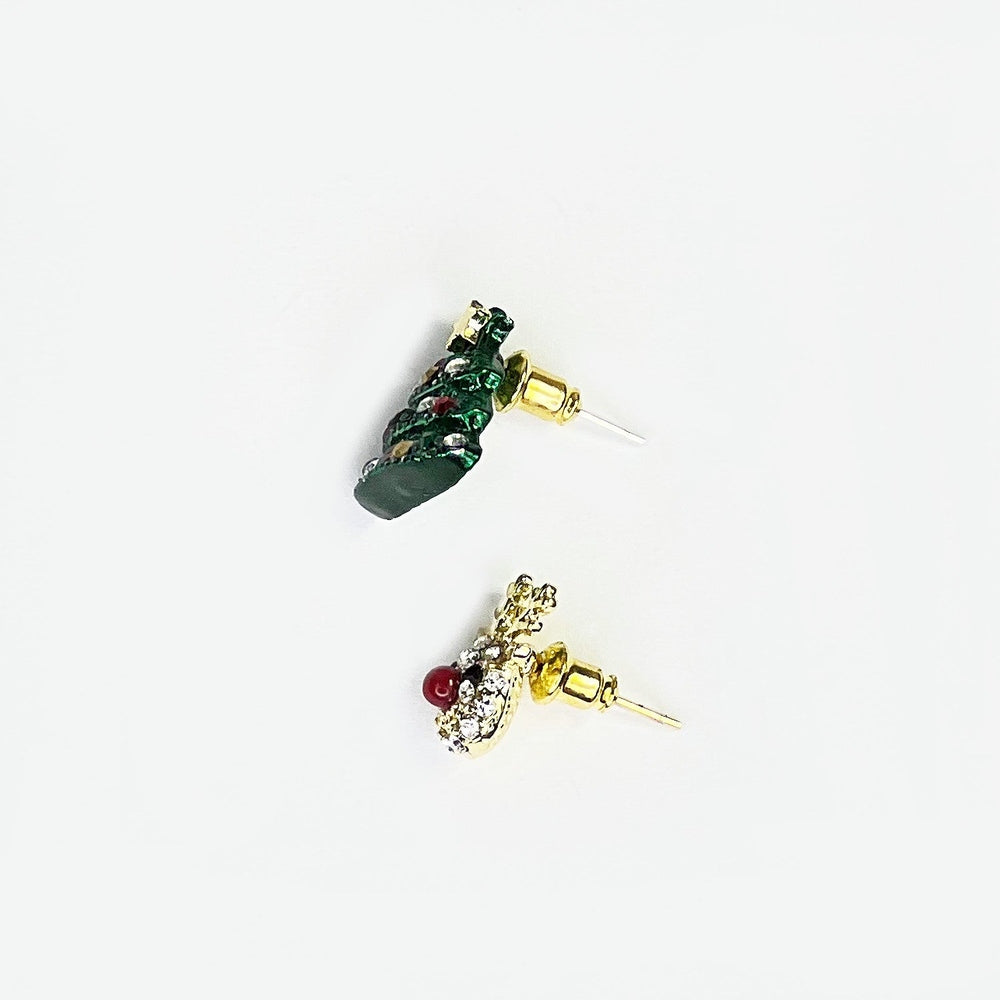 Nemibaby Christmas tree and deer earrings; 925 silver pins with gold posts and crystal accents (set of 2)